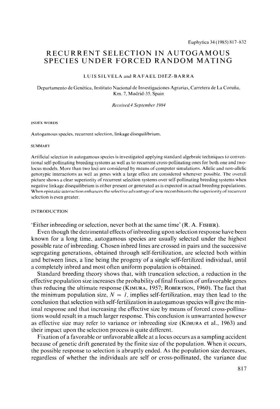 Recurrent selection in autogamous species under forced random mating by Unknown