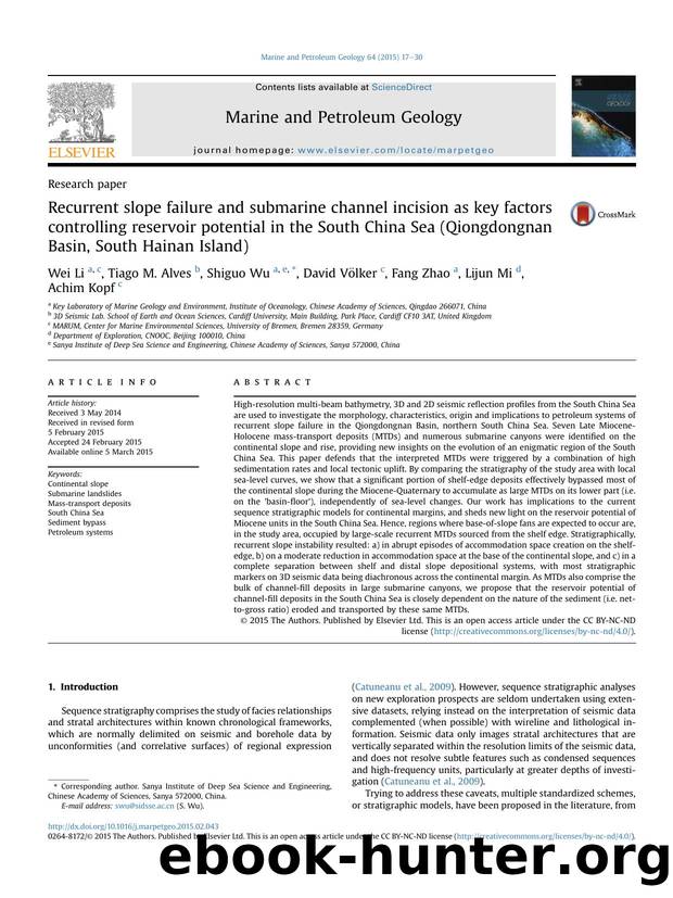 Recurrent slope failure and submarine channel incision as key factors controlling reservoir potential in the South China Sea (Qiongdongnan Basin, South Hainan Island) by Wei Li & Tiago M. Alves & Shiguo Wu & David Völker & Fang Zhao & Lijun Mi & Achim Kopf