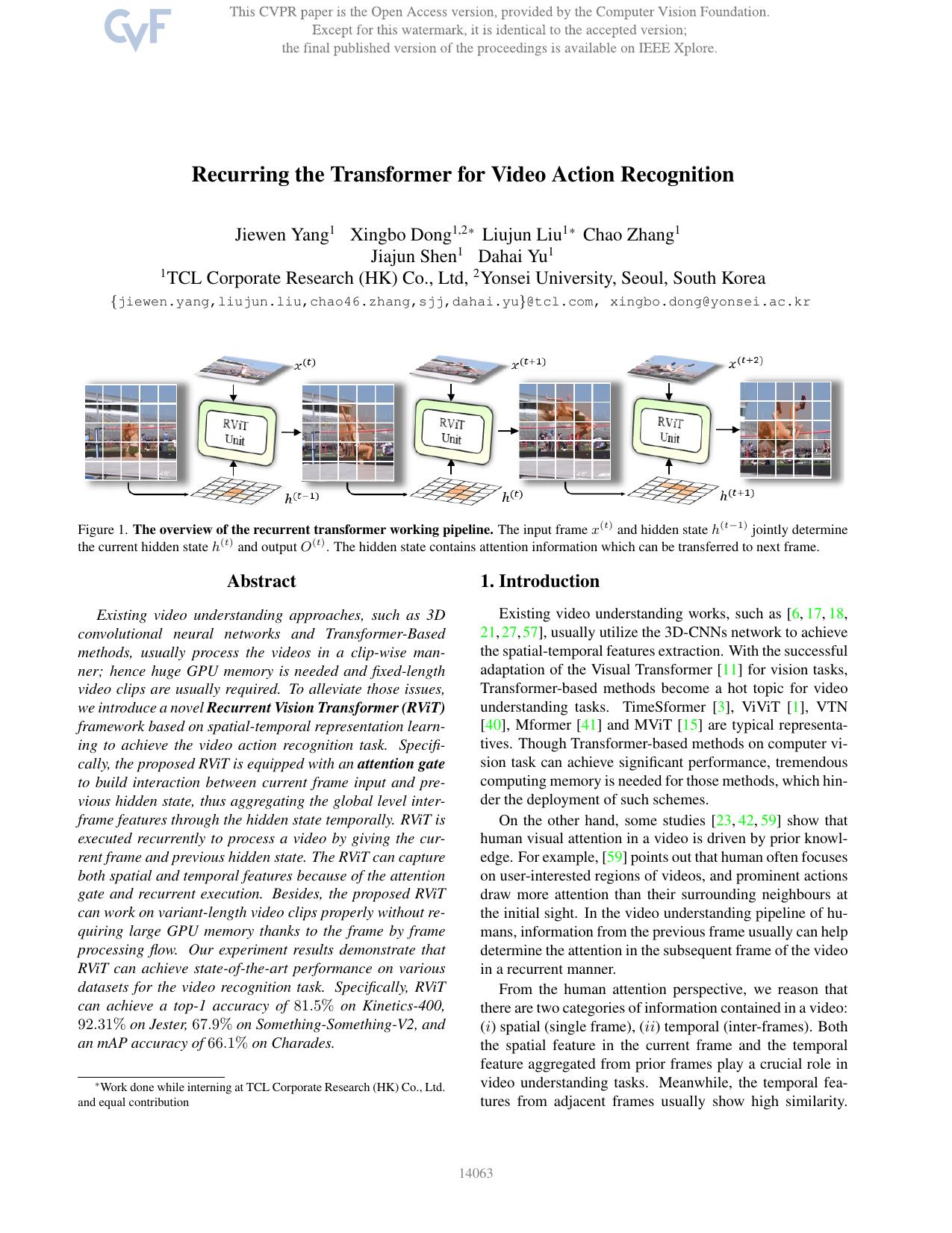 Recurring the Transformer for Video Action Recognition by Jiewen Yang & Xingbo Dong & Liujun Liu & Chao Zhang & Jiajun Shen & Dahai Yu