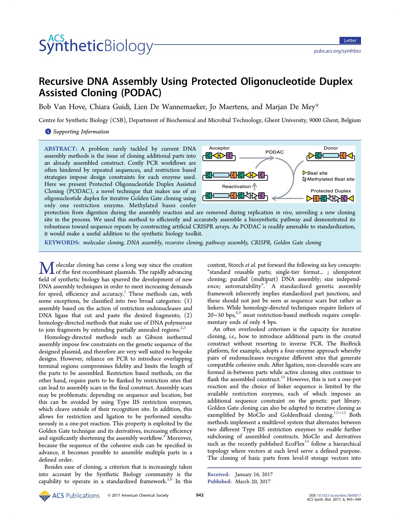 Recursive DNA Assembly Using Protected Oligonucleotide Duplex Assisted Cloning (PODAC) by Bob Van Hove Chiara Guidi Lien De Wannemaeker Jo Maertens and Marjan De Mey