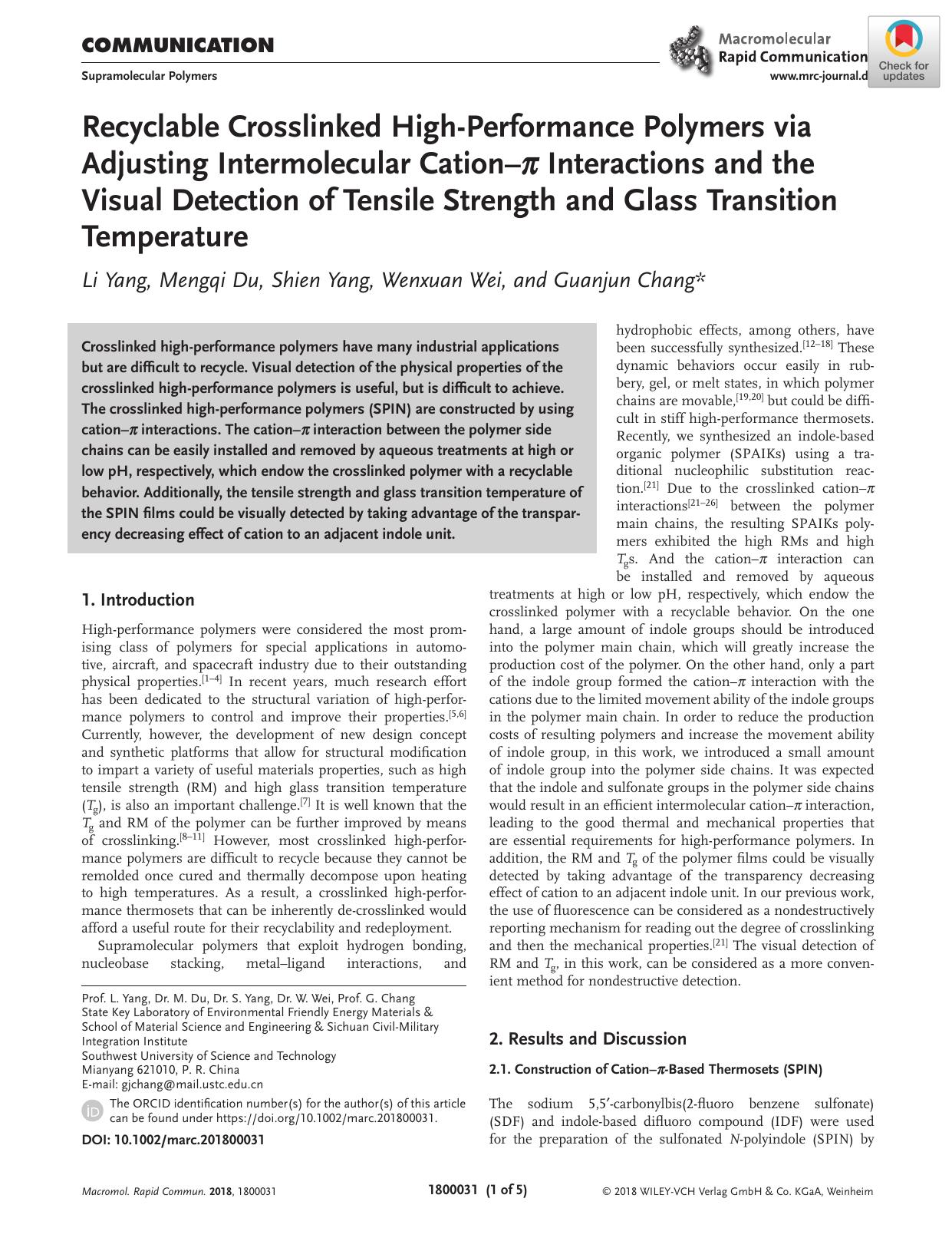 Recyclable Crosslinked HighâPerformance Polymers via Adjusting Intermolecular CationâÏ Interactions and the Visual Detection of Tensile Strength and Glass Transition Temperature by Unknown