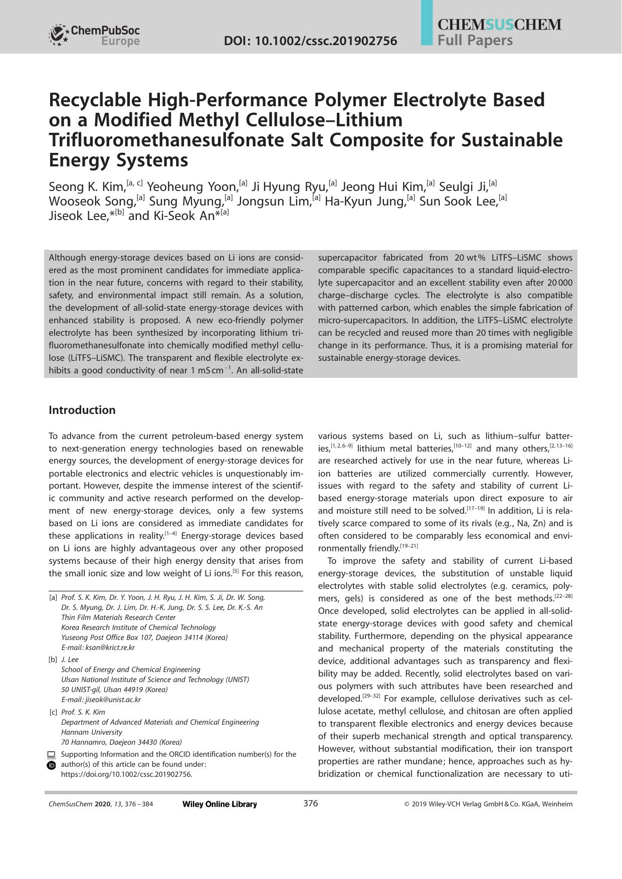 Recyclable HighâPerformance Polymer Electrolyte Based on a Modified Methyl CelluloseâLithium Trifluoromethanesulfonate Salt Composite for Sustainable Energy Systems by Unknown