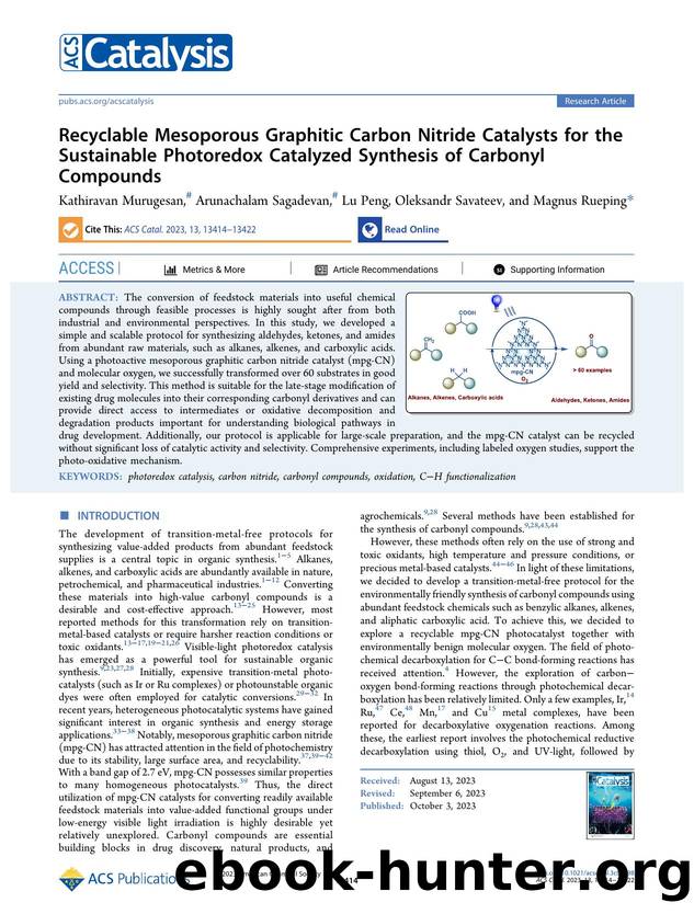 Recyclable Mesoporous Graphitic Carbon Nitride Catalysts for the Sustainable Photoredox Catalyzed Synthesis of Carbonyl Compounds by Kathiravan Murugesan Arunachalam Sagadevan Lu Peng Oleksandr Savateev and Magnus Rueping