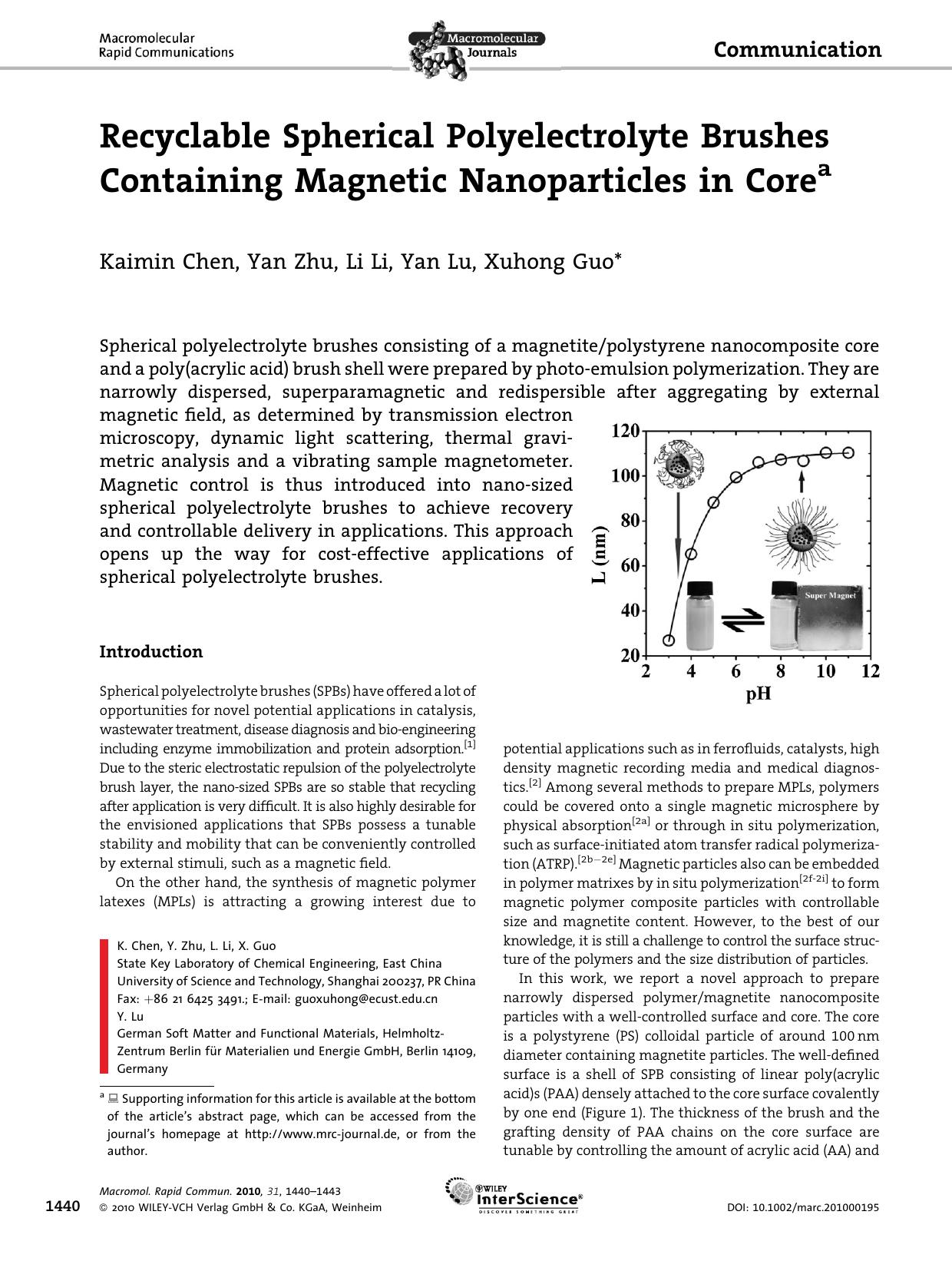 Recyclable Spherical Polyelectrolyte Brushes Containing Magnetic Nanoparticles in Core by Unknown