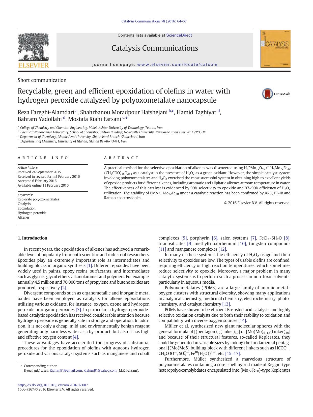 Recyclable, green and efficient epoxidation of olefins in water with hydrogen peroxide catalyzed by polyoxometalate nanocapsule by unknow