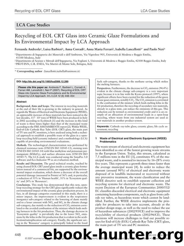Recycling of EOL CRT glass into ceramic glaze formulations and its environmental impact by LCA approach by Unknown