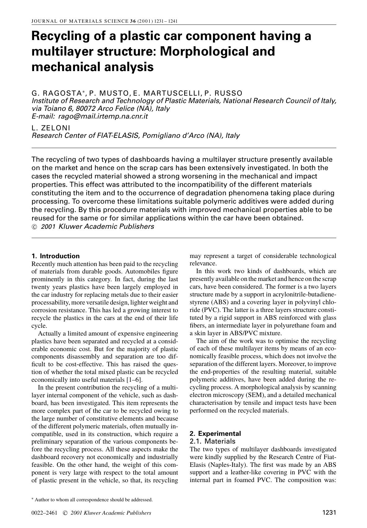 Recycling of a plastic car component having a multilayer structure: Morphological and mechanical analysis by Unknown