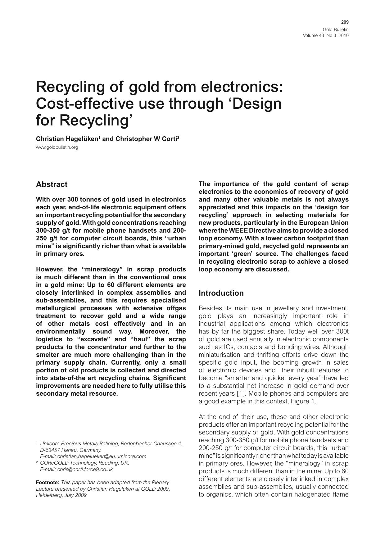 Recycling of gold from electronics: Cost-effective use through &#x2018;Design for Recycling&#x2019; by Unknown
