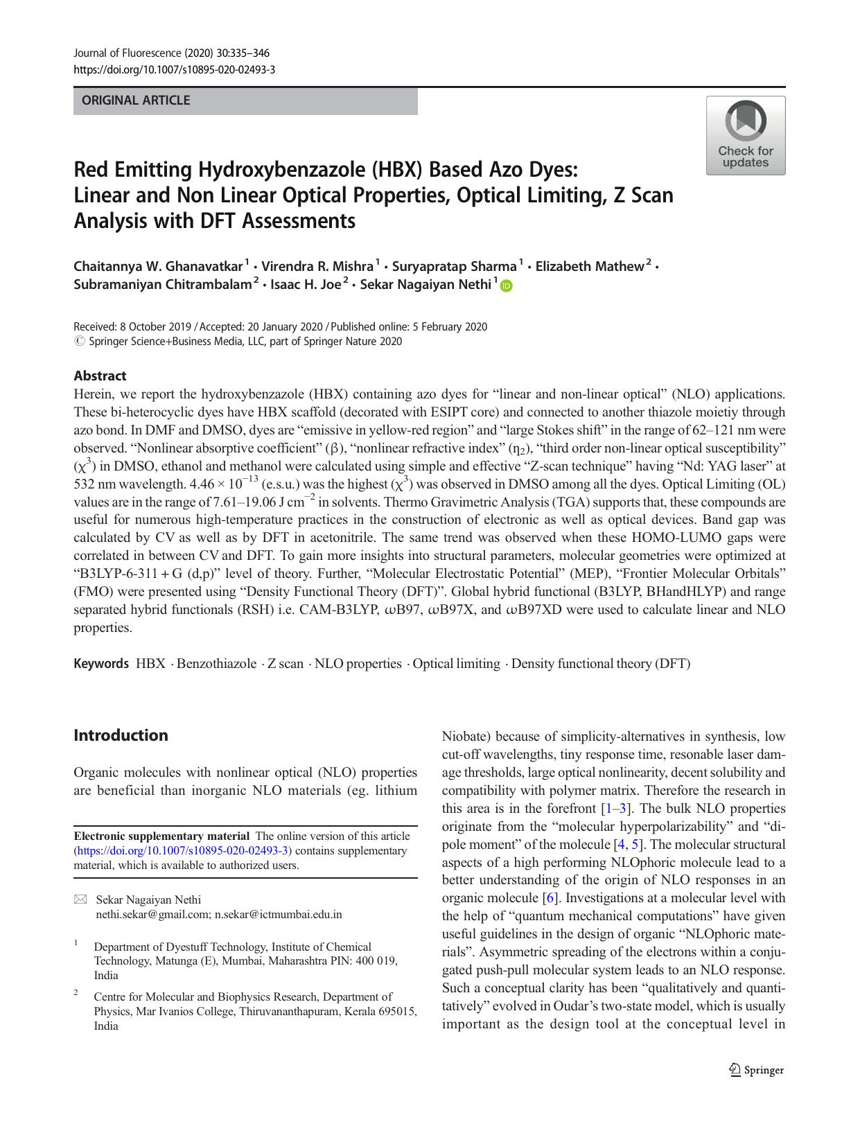 Red Emitting Hydroxybenzazole (HBX) Based Azo Dyes: Linear and Non Linear Optical Properties, Optical Limiting, Z Scan Analysis with DFT Assessments by unknow