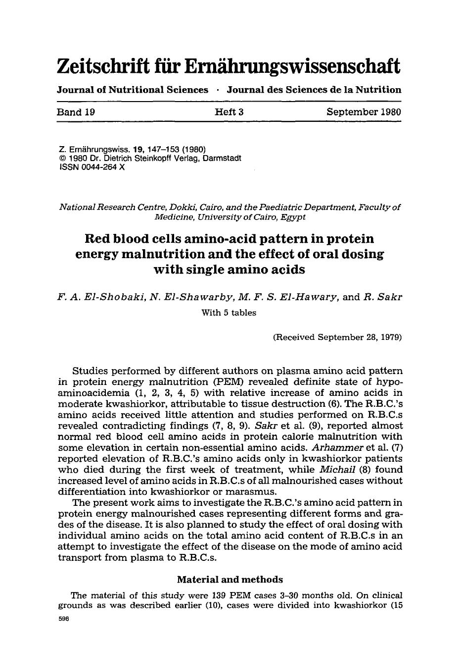 Red blood cells amino-acid pattern in protein energy malnutrition and the effect of oral dosing with single amino acids by Unknown