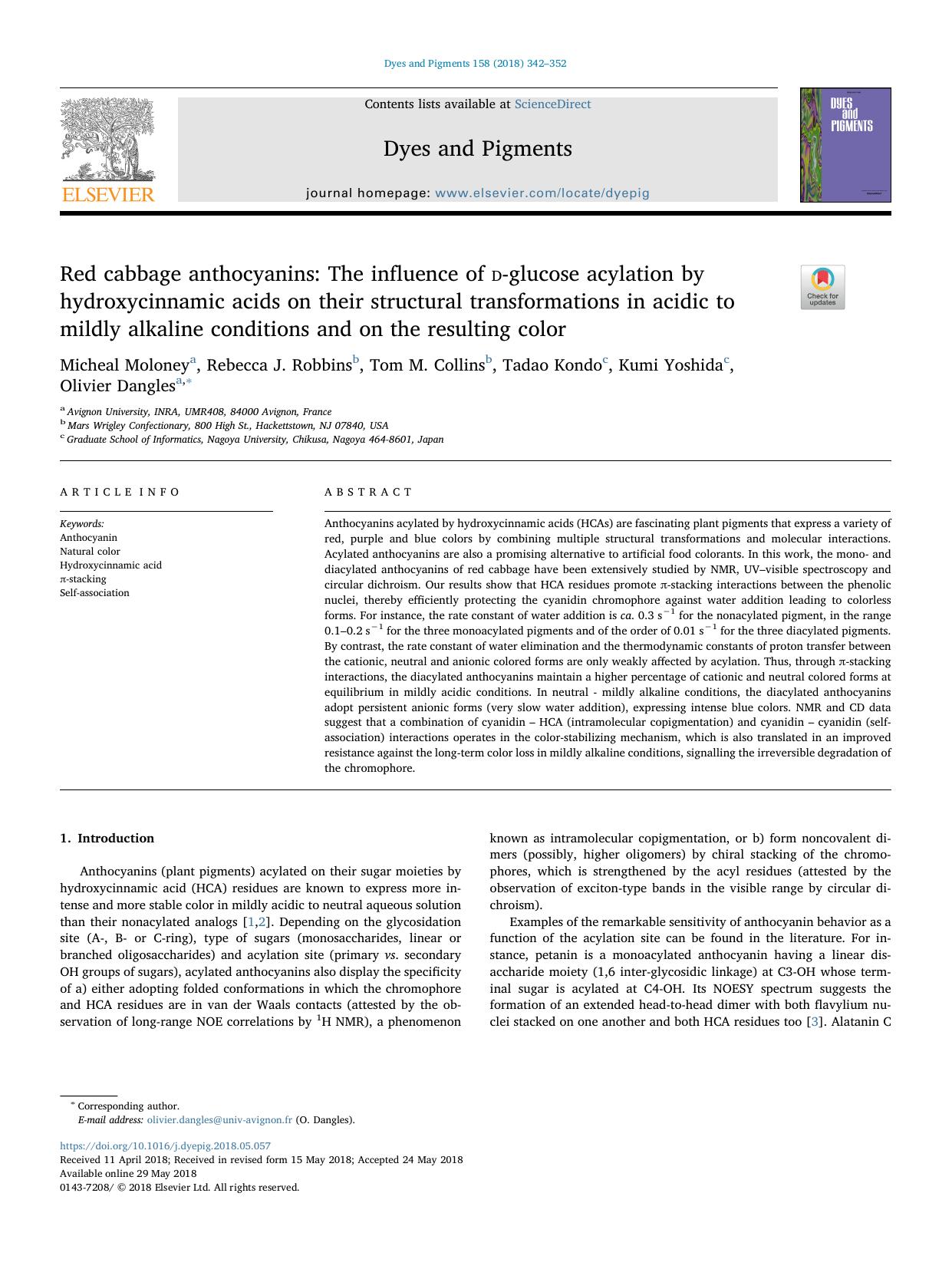 Red cabbage anthocyanins_ The influence of d-glucose acylation by hydroxycinnamic acids on their structural transformations in acidic to mildly alkaline conditions and on the resulting color by Micheal Moloney & Rebecca J. Robbins & Tom M. Collins & Tadao Kondo & Kumi Yoshida & Olivier Dangles