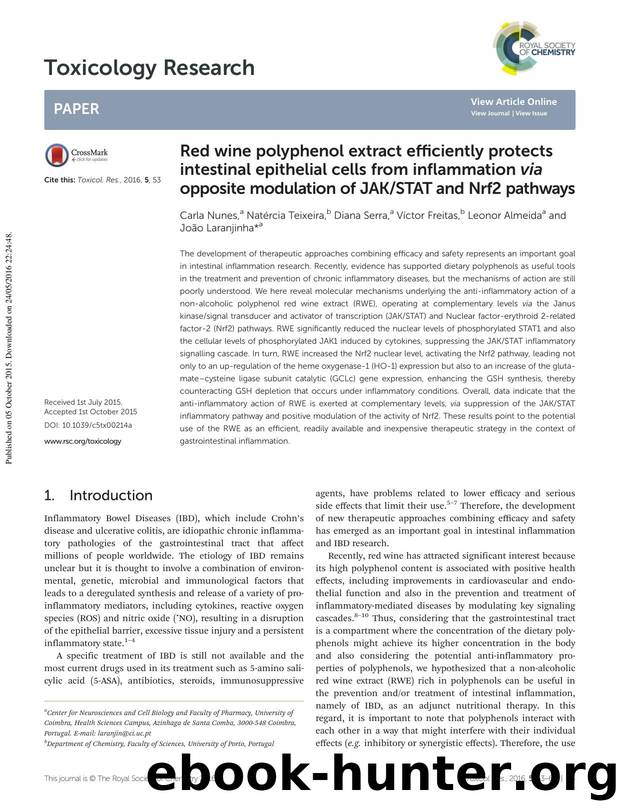 Red wine polyphenol extract efficiently protects intestinal epithelial cells from inflammation via opposite modulation of JAKSTAT and Nrf2 pathways by Carla Nunes Natércia Teixeira Diana Serra Víctor Freitas Leonor Almeida João Laranjinha
