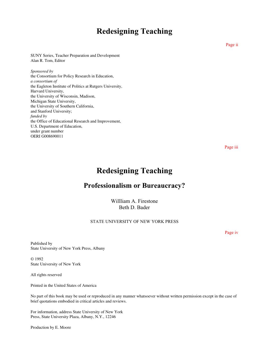 Redesigning Teaching : Professionalism or Bureaucracy? by William A. Firestone; Beth D. Bader