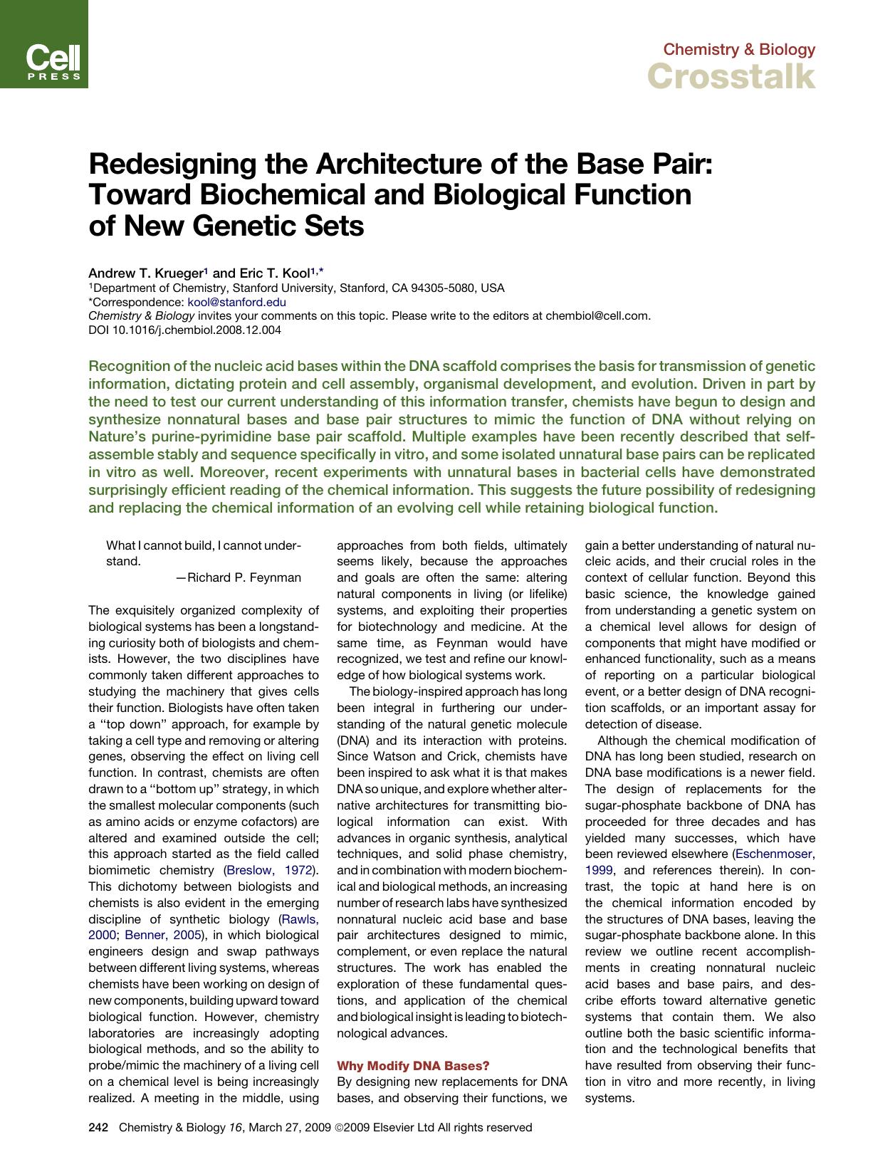 Redesigning the Architecture of the Base Pair: Toward Biochemical and Biological Function of New Genetic Sets by Andrew T. Krueger; Eric T. Kool