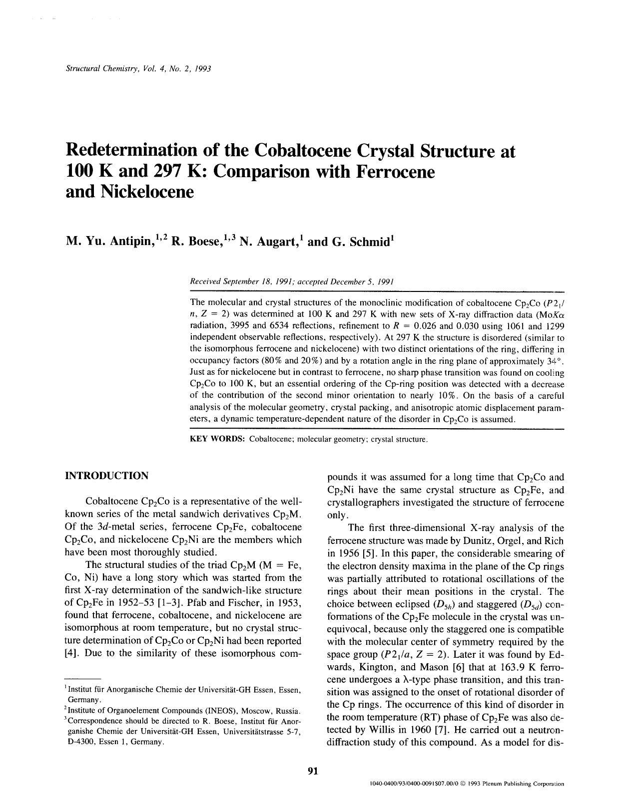 Redetermination of the cobaltocene crystal structure at 100 K and 297 K: Comparison with ferrocene and nickelocene by Unknown