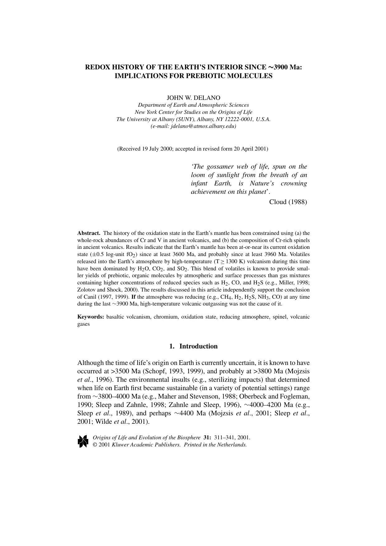 Redox History of the Earth's Interior since &#x223C;3900 Ma: Implications for Prebiotic Molecules by Unknown