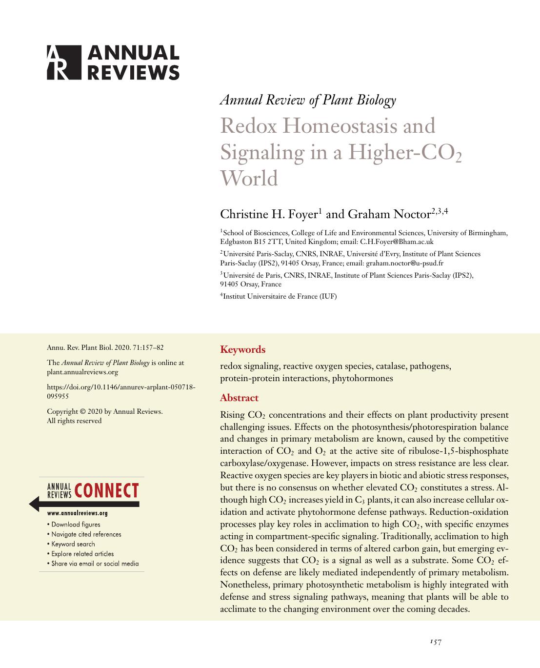 Redox Homeostasis and Signaling in a Higher-CO2 World by Christine H. Foyer and Graham Noctor