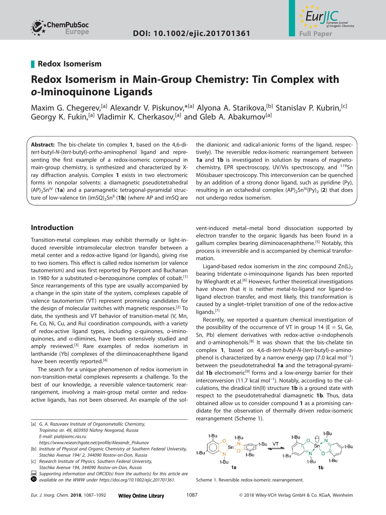 Redox Isomerism in MainâGroup Chemistry: Tin Complex with oâIminoquinone Ligands by Unknown