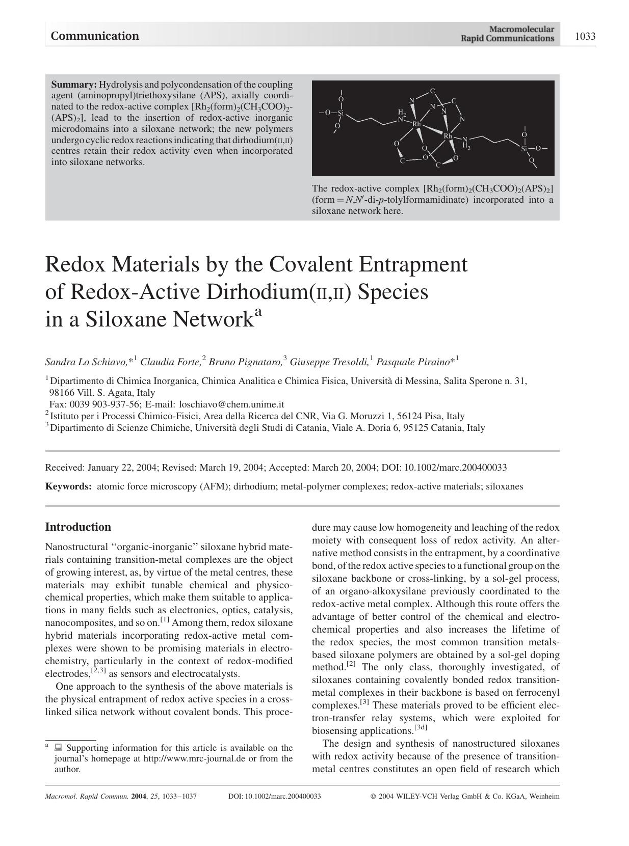 Redox Materials by the Covalent Entrapment of Redox-Active Dirhodium(II,II) Species in a Siloxane Network by Unknown