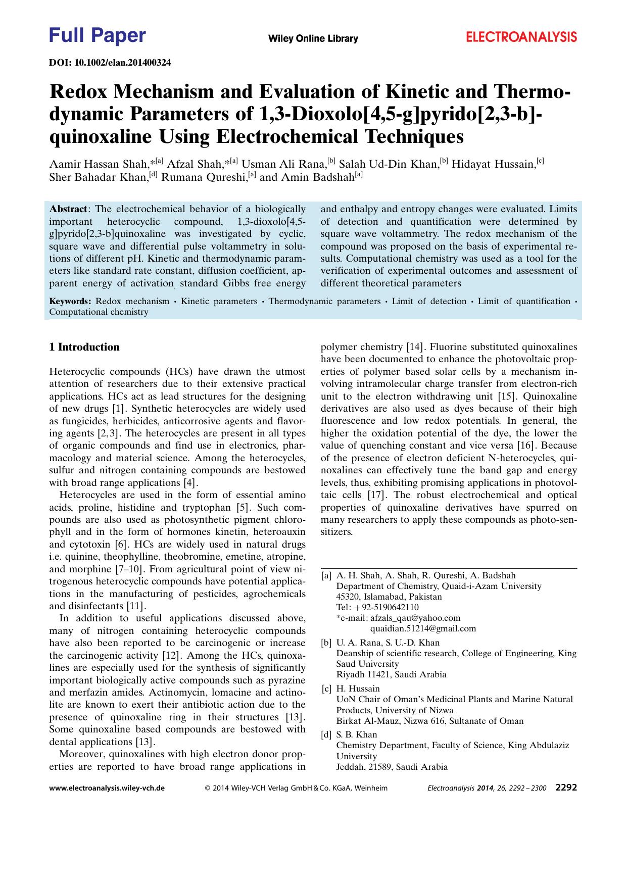 Redox Mechanism and Evaluation of Kinetic and Thermodynamic Parameters of 1,3Dioxolo[4,5g]pyrido[2,3b]quinoxaline Using Electrochemical Techniques by Unknown