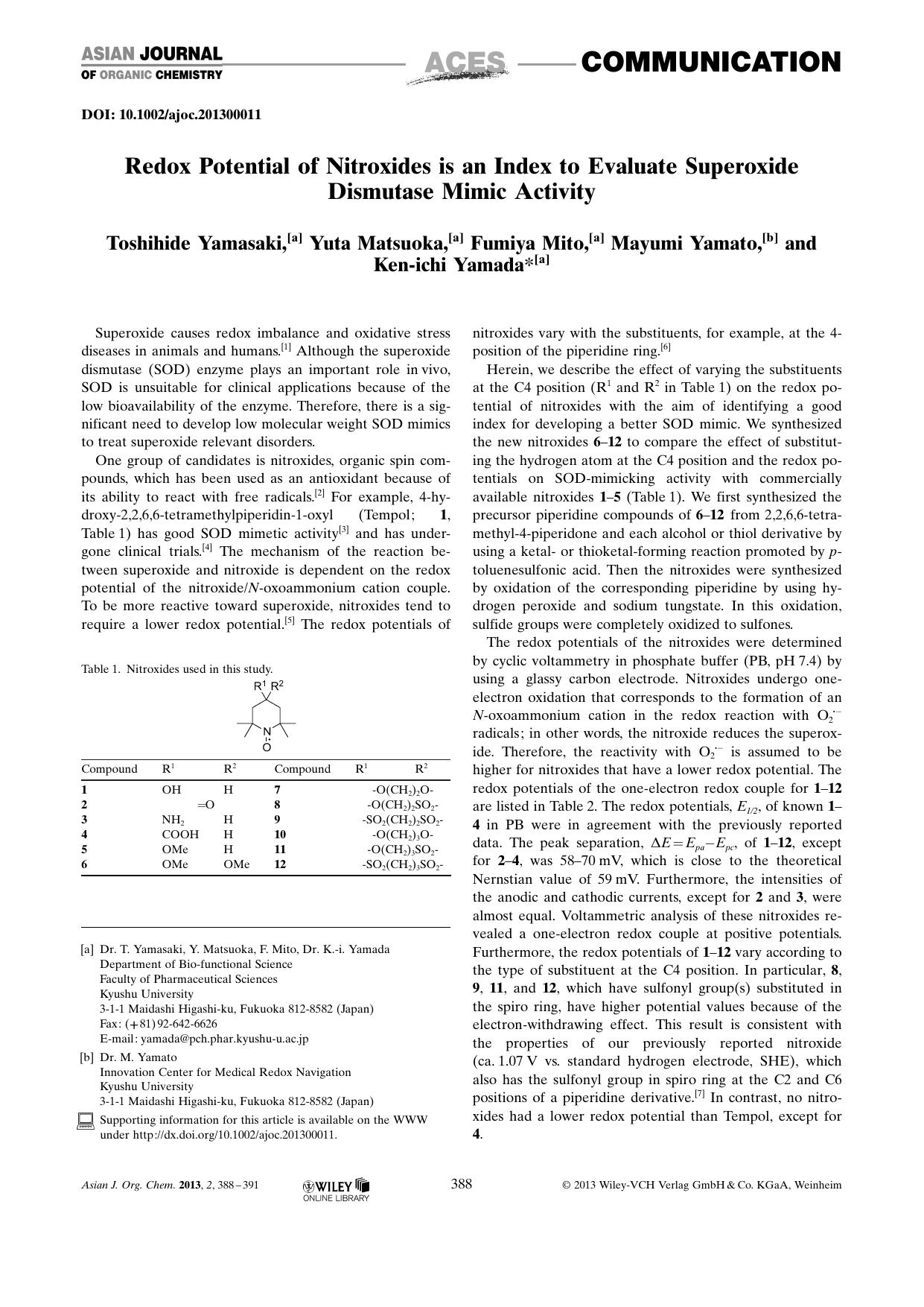 Redox Potential of Nitroxides is an Index to Evaluate Superoxide Dismutase Mimic Activity by Unknown