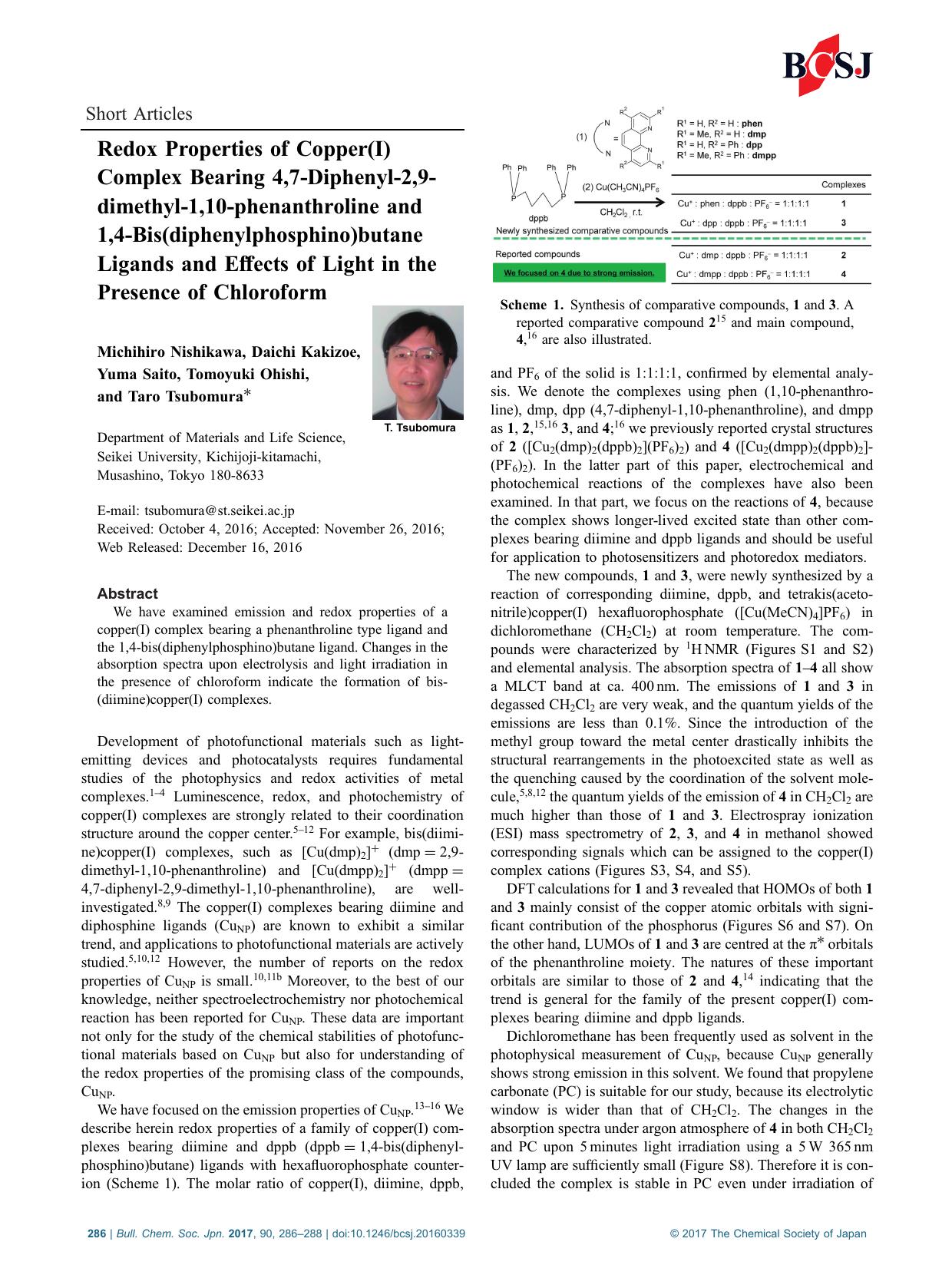 Redox Properties of Copper(I) Complex Bearing 4,7-Diphenyl-2,9-dimethyl-1,10-phenanthroline and 1,4-Bis(diphenylphosphino)butane Ligands and Effects of Light in the Presence of Chloroform by Unknown