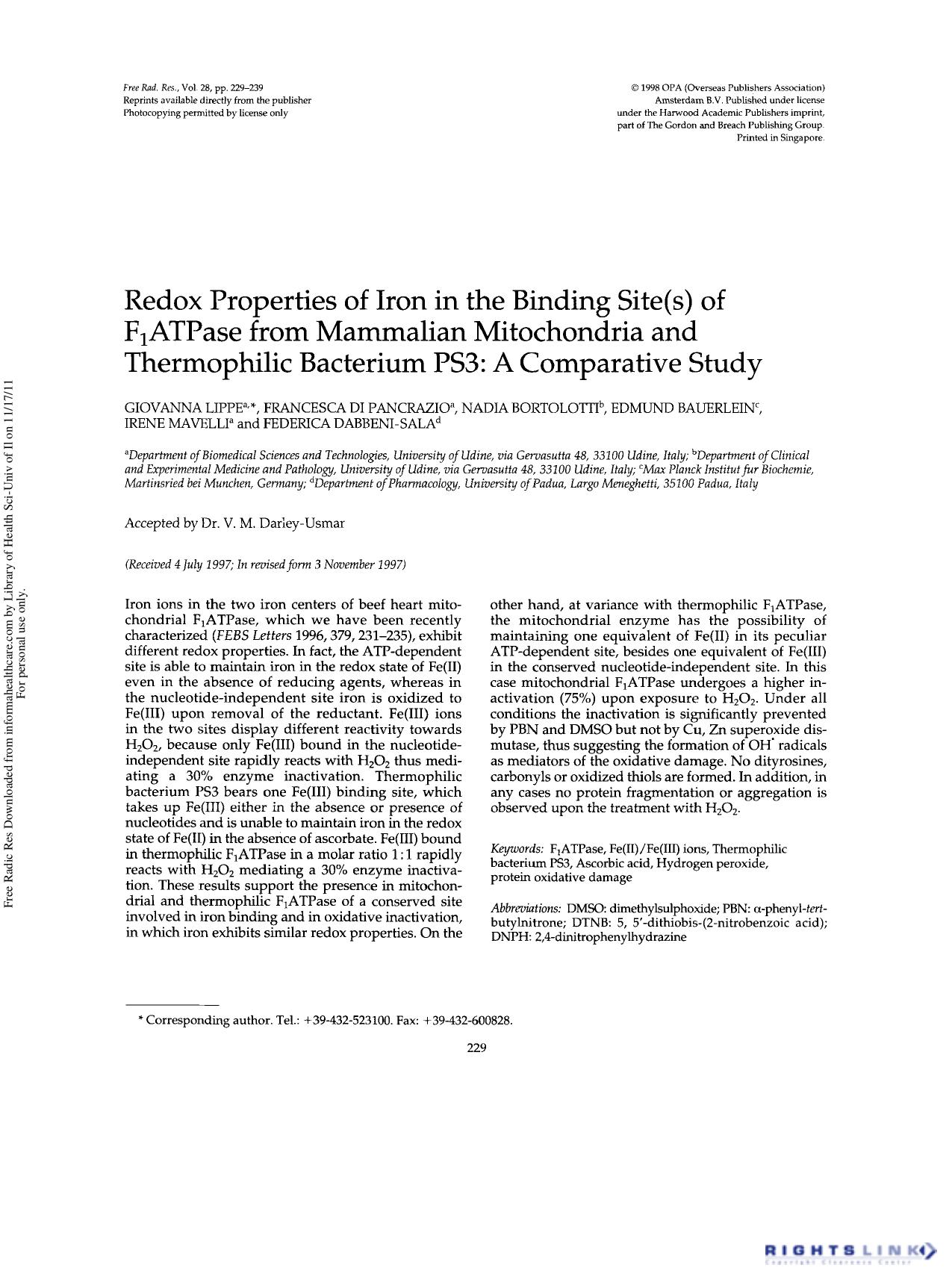 Redox Properties of Iron in the Binding Site(s) of F1ATPase from Mammalian Mitochondria and Thermophilic Bacterium PS3: A Comparative Study by unknow