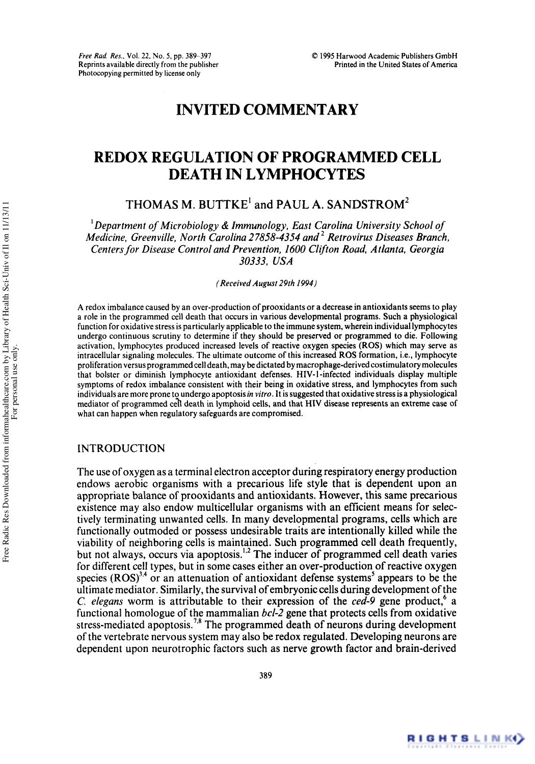 Redox Regulation of Programmed Cell Death in Lymphocytes by Thomas M. Buttke1 & Paul A. Sandstrom2