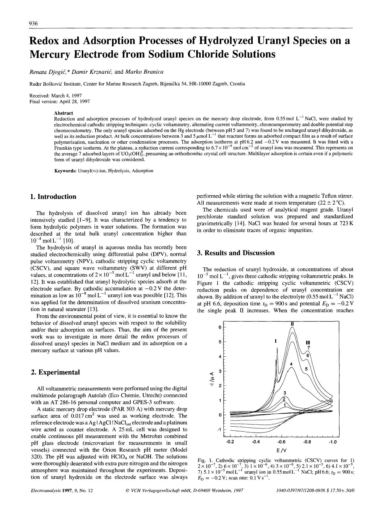 Redox and adsorption processes of hydrolyzed uranyl species on a mercury electrode from sodium chloride solutios by Unknown