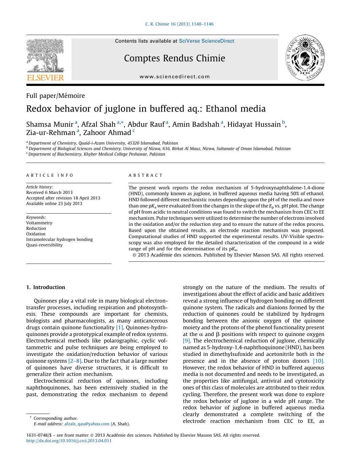 Redox behavior of juglone in buffered aq.: Ethanol media by Shamsa Munir