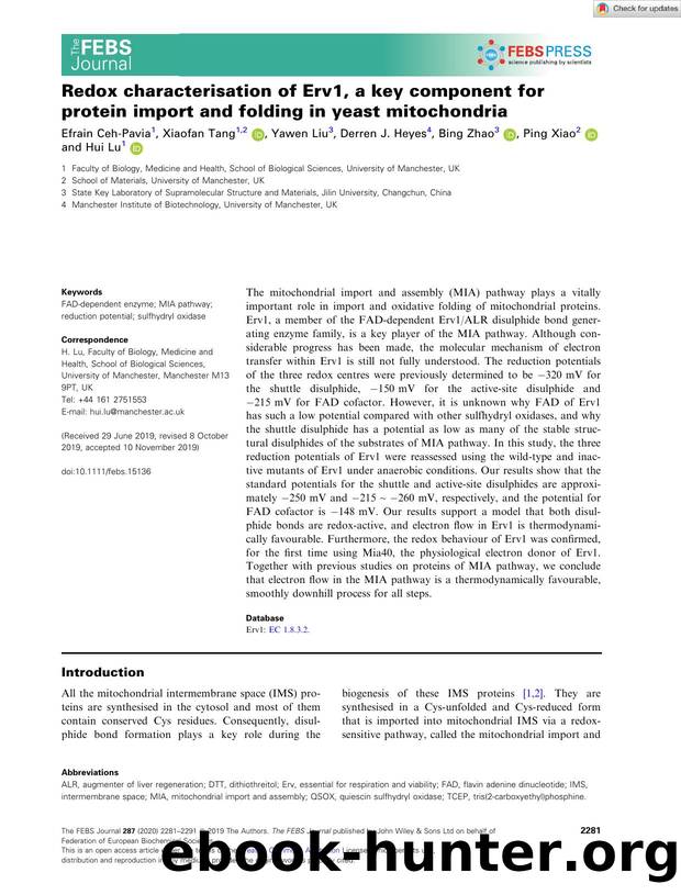 Redox characterisation of Erv1, a key component for protein import and folding in yeast mitochondria by Unknown
