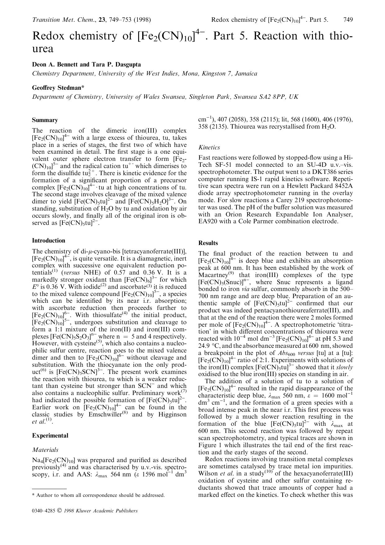 Redox chemistry of [Fe2(CN)10]4&#x2212;. Part 5. Reaction with thiourea by Unknown