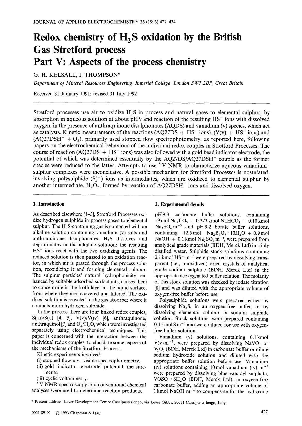 Redox chemistry of H <Subscript>2 <Subscript>S oxidation by the British gas Stretford process part V: Aspects of the process chemistry by Unknown