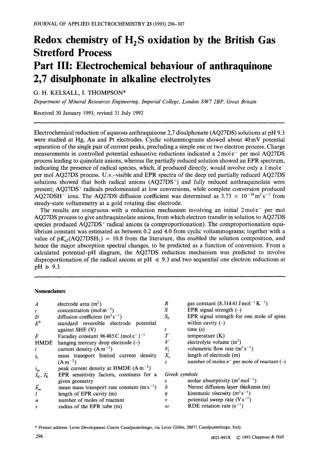Redox chemistry of H<Subscript>2<Subscript>S oxidation by the British Gas Stretford Process Part III: Electrochemical behaviour of anthraquinone 2,7 disulphonate in alkaline electrolytes by Unknown
