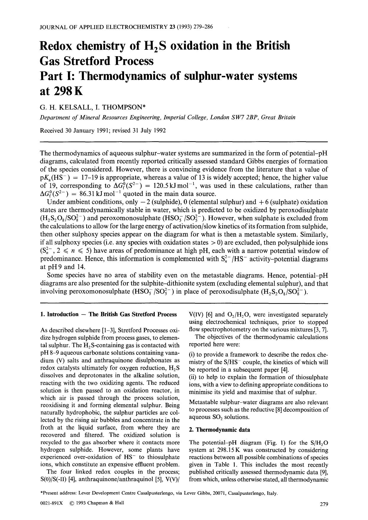 Redox chemistry of H<Subscript>2<Subscript>S oxidation in the British Gas Stretford Process Part I: Thermodynamics of sulphur-water systems at 298 K by Unknown