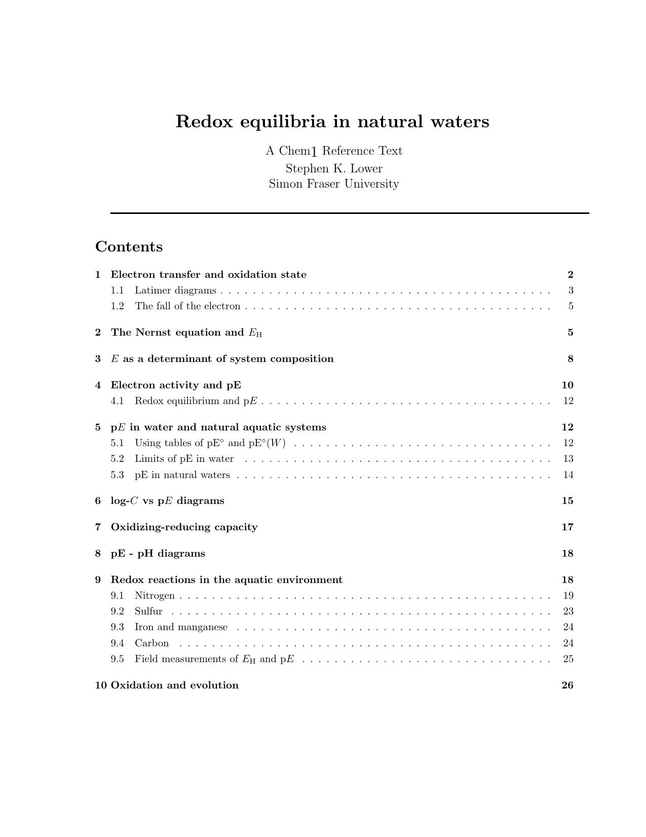 Redox equilibria in natural waters by Lower S.K