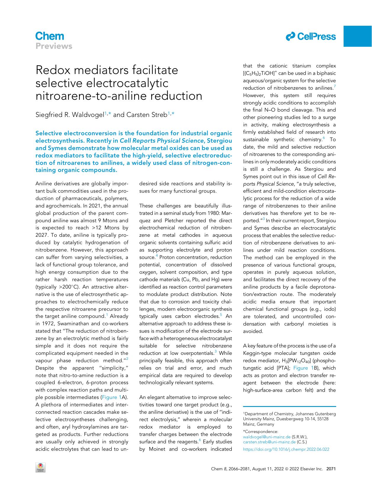 Redox mediators facilitate selective electrocatalytic nitroarene-to-aniline reduction by Siegfried R. Waldvogel & Carsten Streb