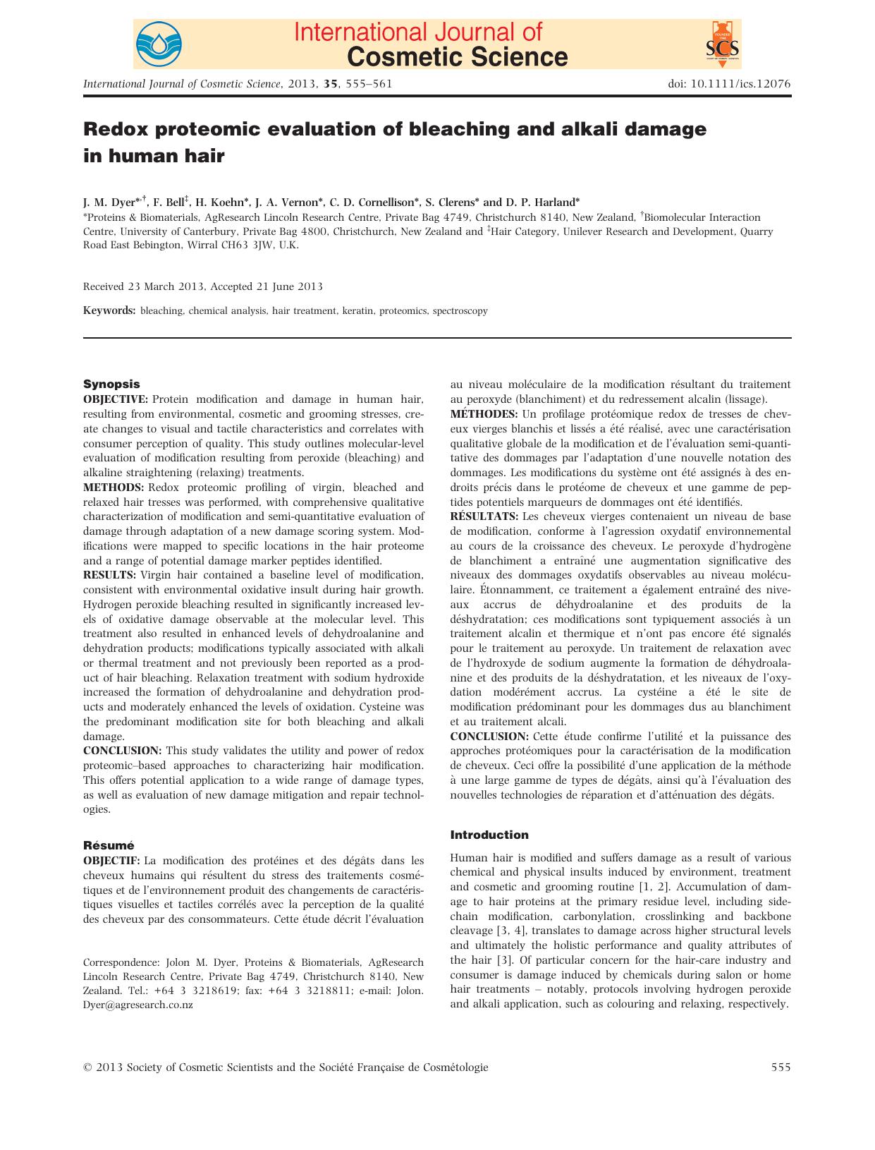 Redox proteomic evaluation of bleaching and alkali damage in human hair by Unknown