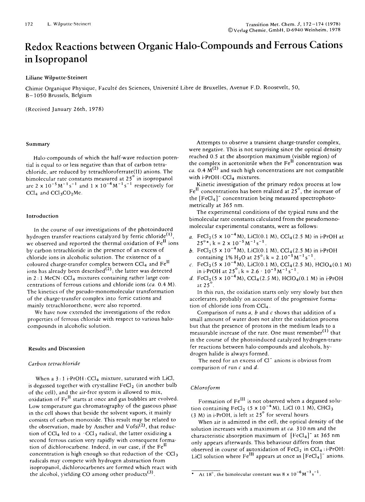 Redox reactions between organic halo-compounds and ferrous cations in isopropanol by Unknown