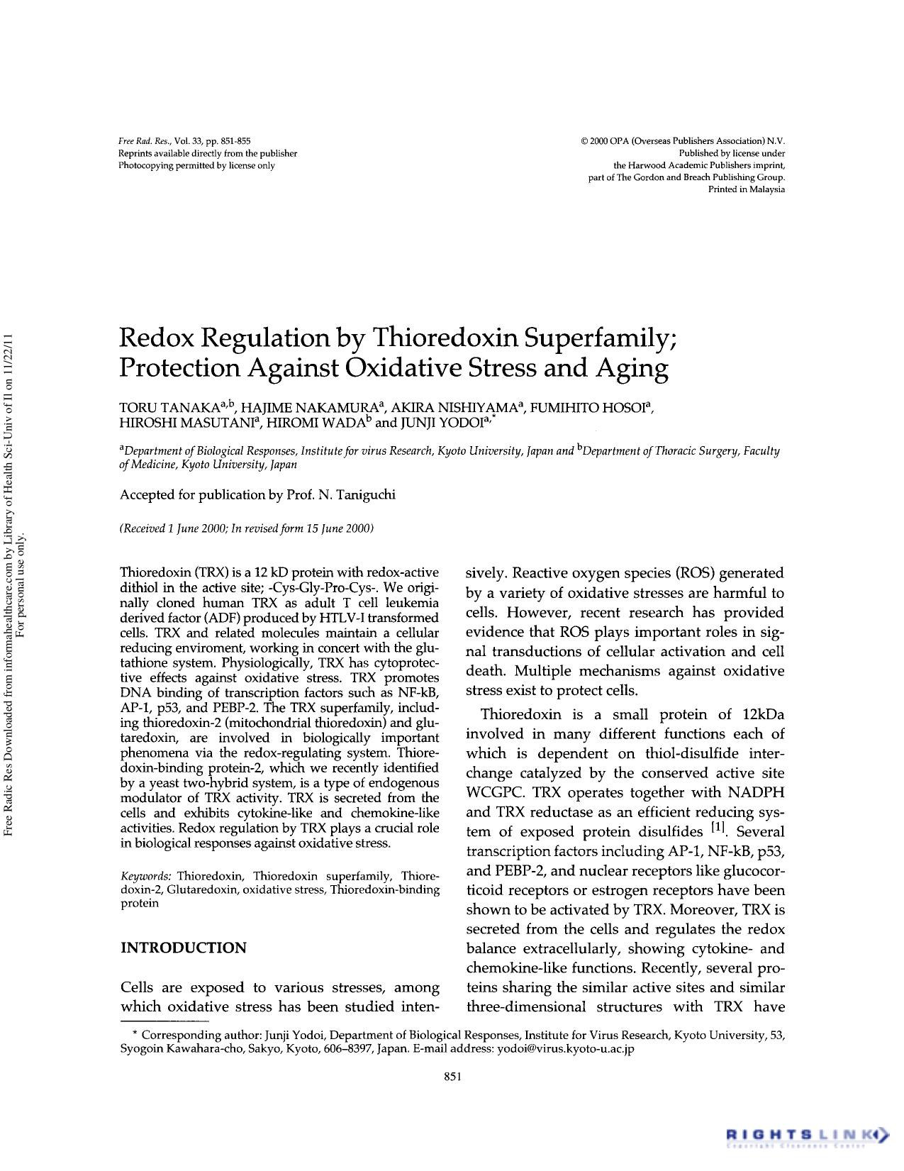 Redox regulation by thioredoxin superfamily; protection against oxidative stress and aging by unknow