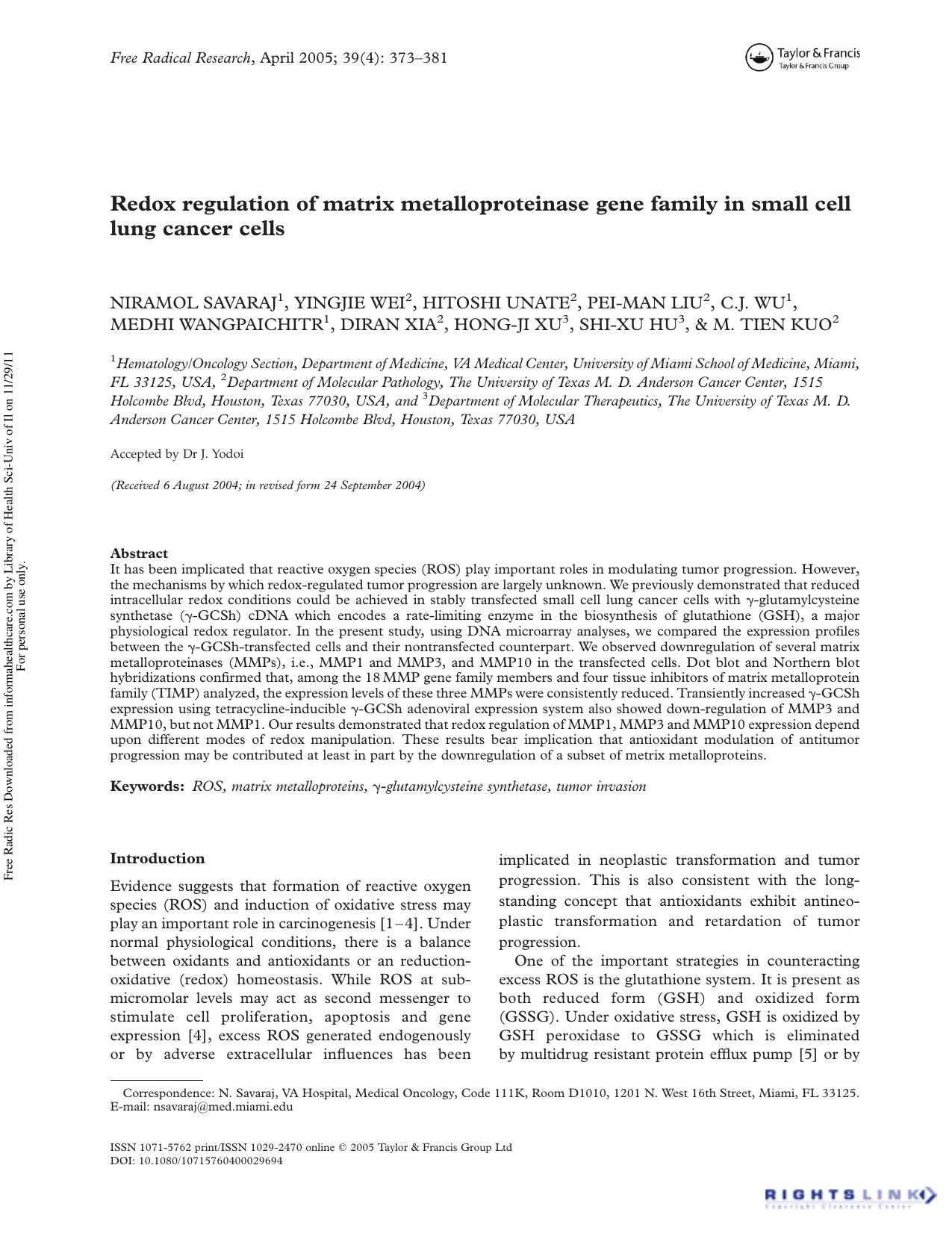 Redox regulation of matrix metalloproteinase gene family in small cell lung cancer cells by unknow
