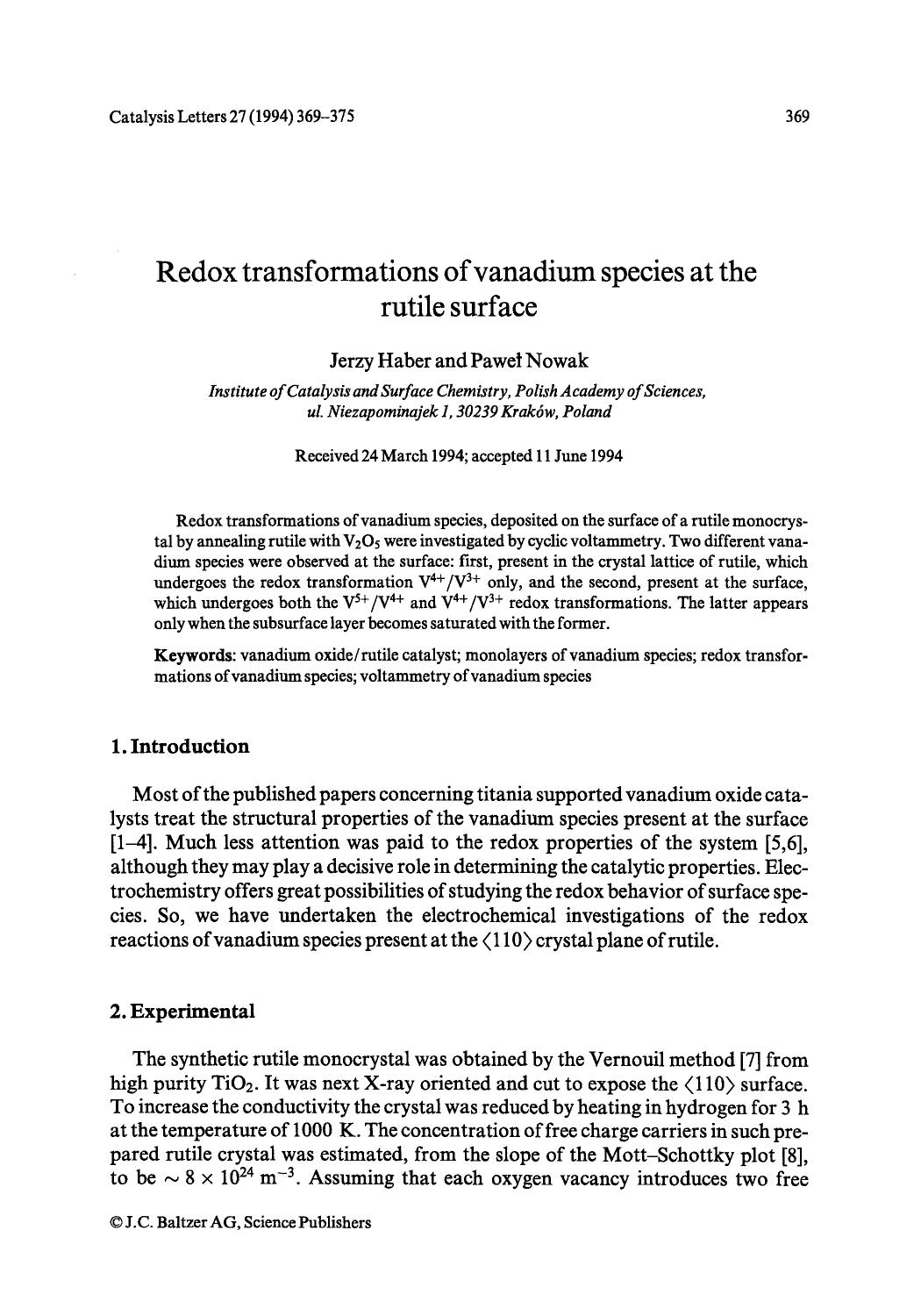 Redox transformations of vanadium species at the rutile surface by Unknown