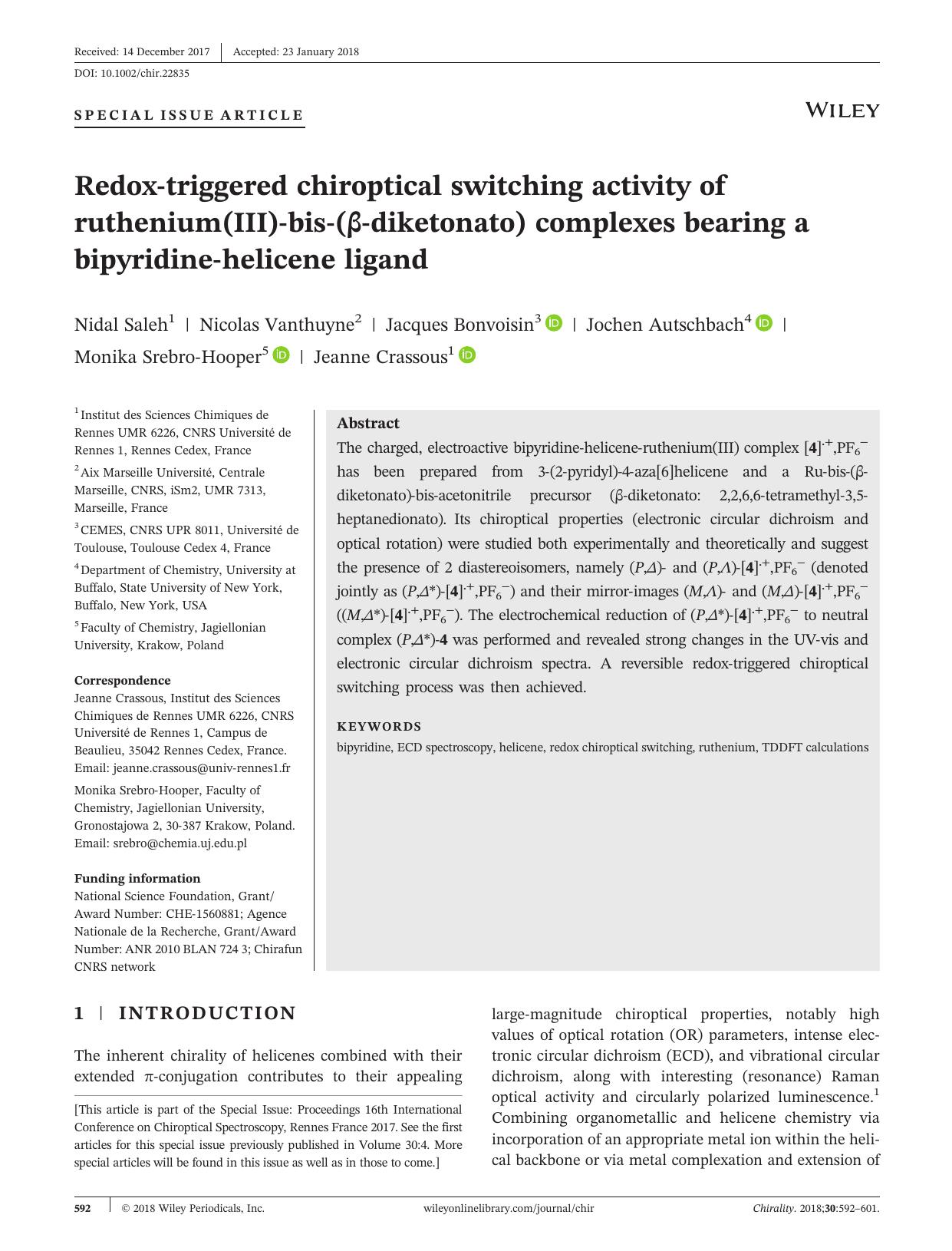 Redoxâtriggered chiroptical switching activity of ruthenium(III)âbisâ(Î²âdiketonato) complexes bearing a bipyridineâhelicene ligand by unknow