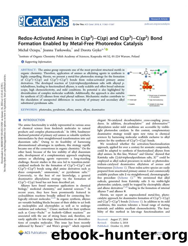 Redox-Activated Amines in C(sp3)âC(sp) and C(sp3)âC(sp2) Bond Formation Enabled by Metal-Free Photoredox Catalysis by Michał Ociepa Joanna Turkowska & Dorota Gryko