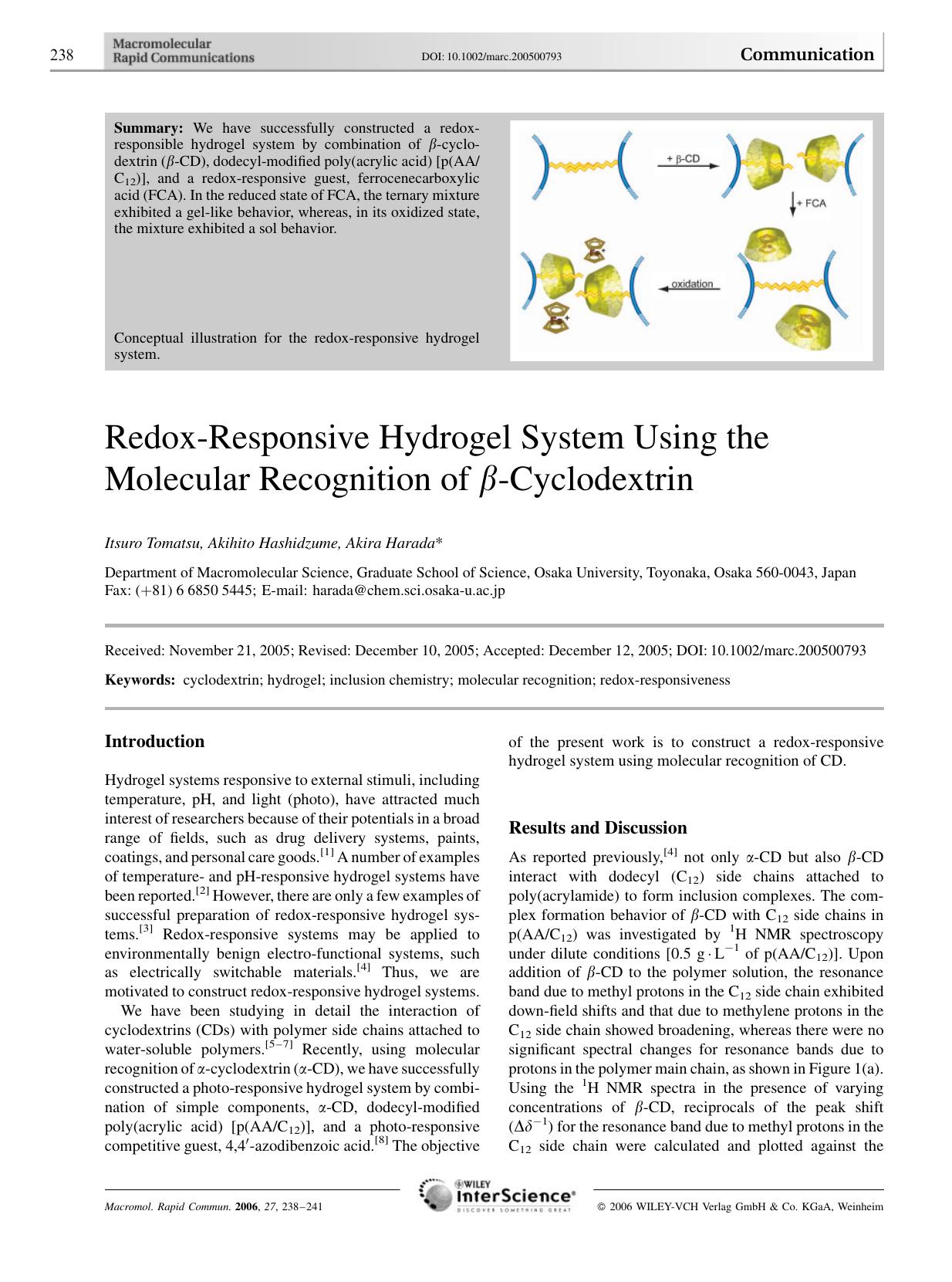 Redox-Responsive Hydrogel System Using the Molecular Recognition of [beta]-Cyclodextrin by Unknown