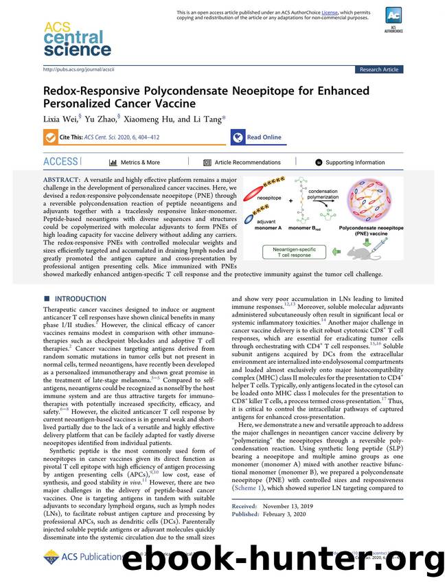 Redox-Responsive Polycondensate Neoepitope for Enhanced Personalized Cancer Vaccine by Lixia Wei & Yu Zhao & Xiaomeng Hu & Li Tang (ORCID: 0000-0002-6393-982X)
