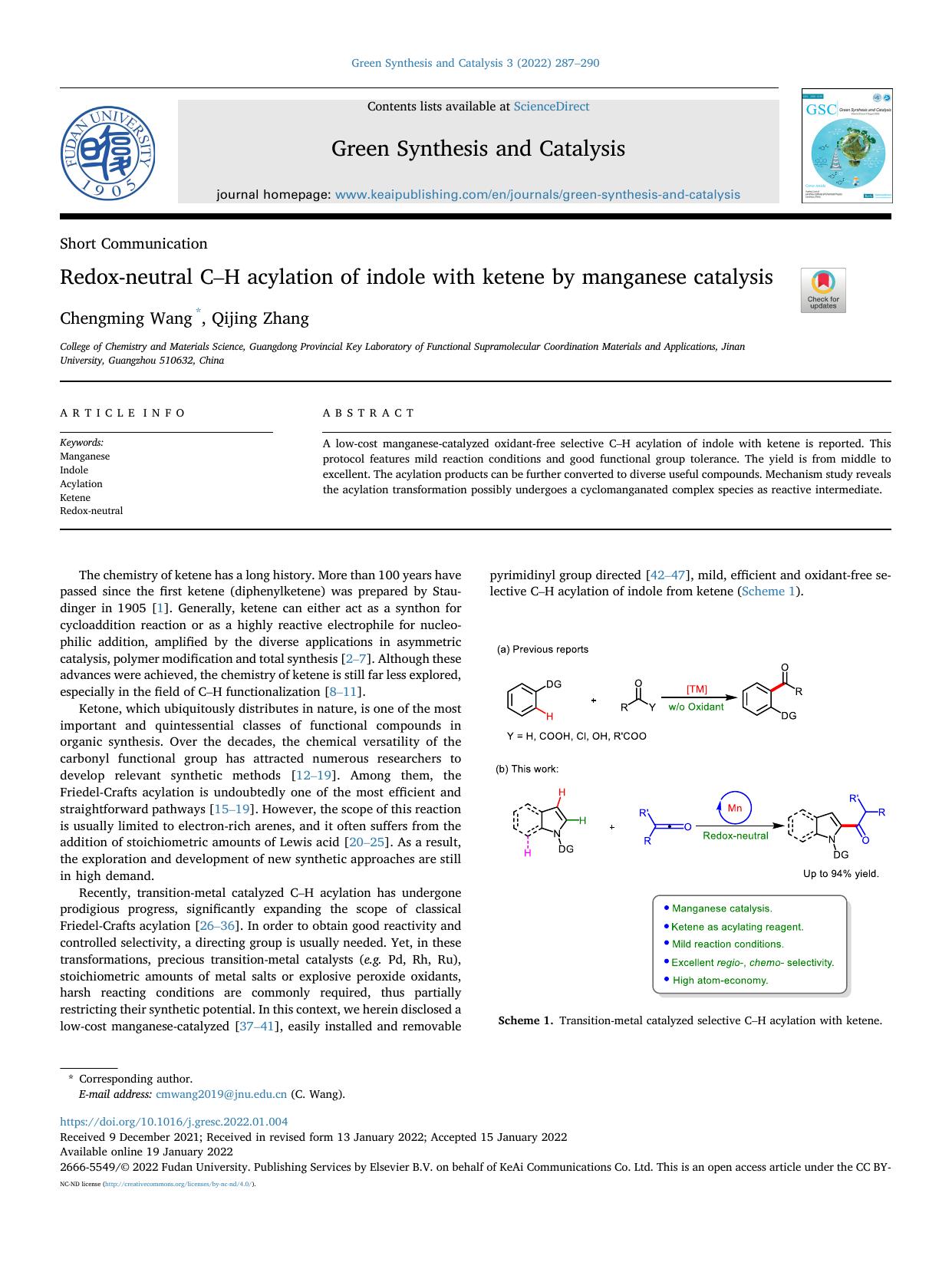 Redox-neutral C-H acylation of indole with ketene by manganese catalysis by Chengming Wang & Qijing Zhang
