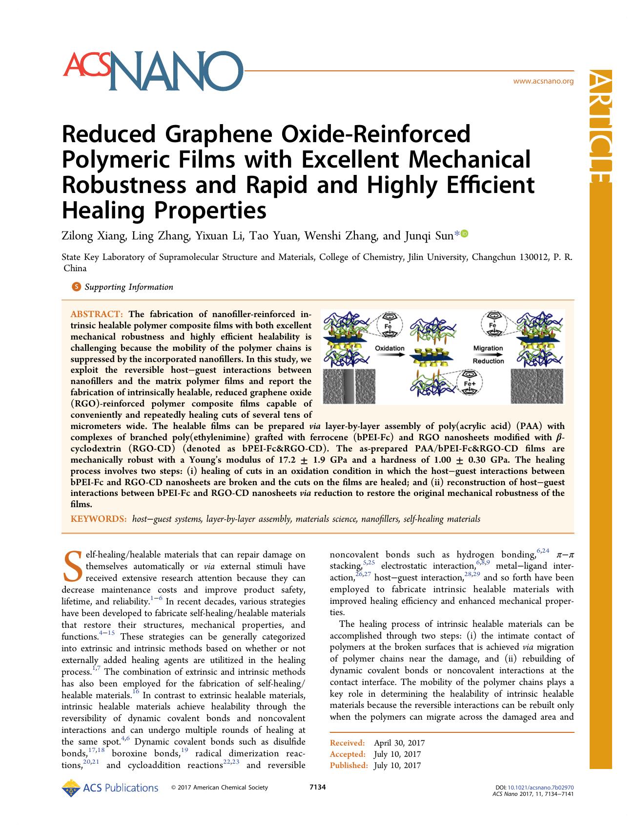 Reduced Graphene Oxide-Reinforced Polymeric Films with Excellent Mechanical Robustness and Rapid and Highly Efficient Healing Properties by Zilong Xiang Ling Zhang Yixuan Li Tao Yuan Wenshi Zhang & Junqi Sun