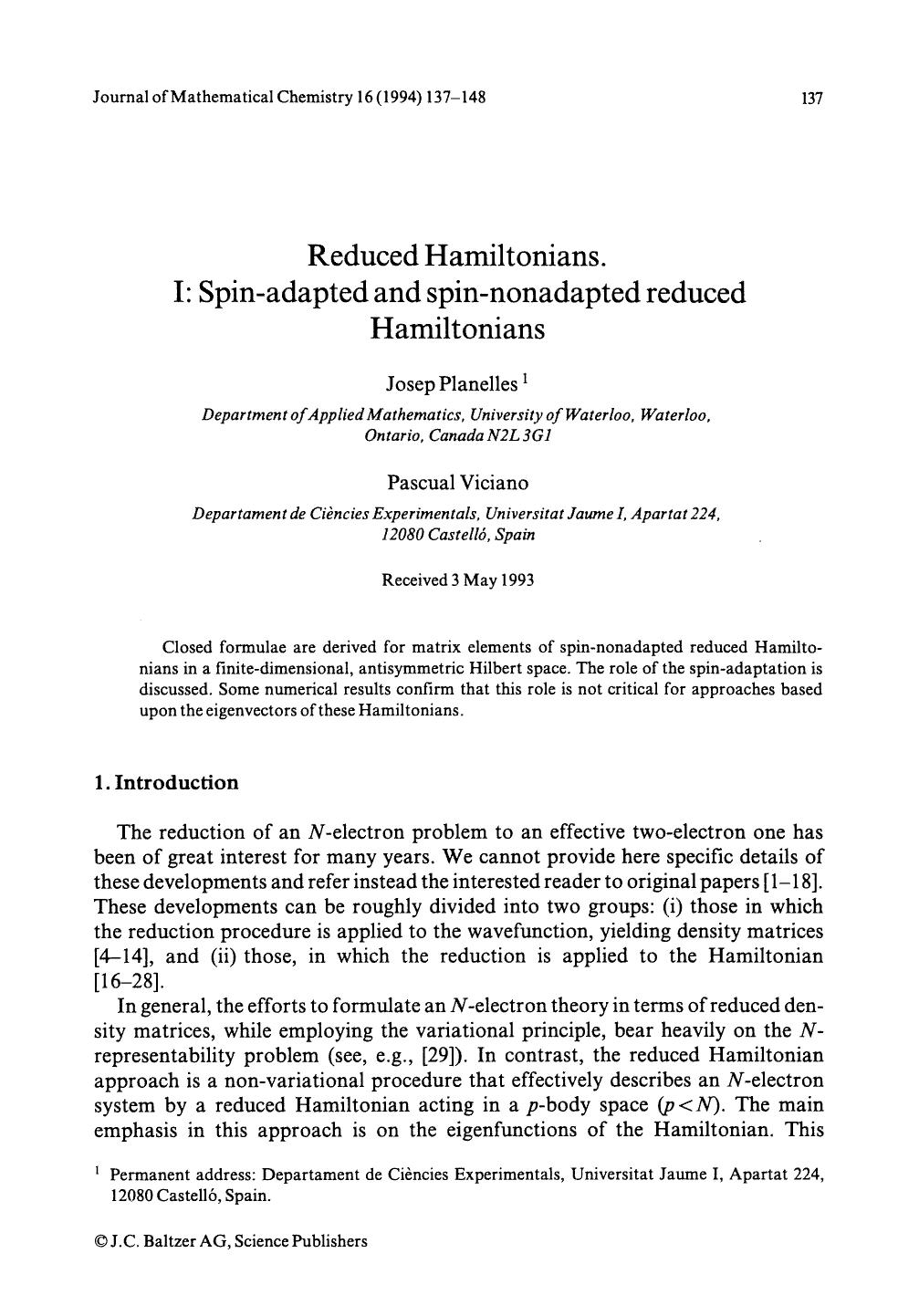 Reduced Hamiltonians. I: Spin-adapted and spin-nonadapted reduced Hamiltonians by Unknown