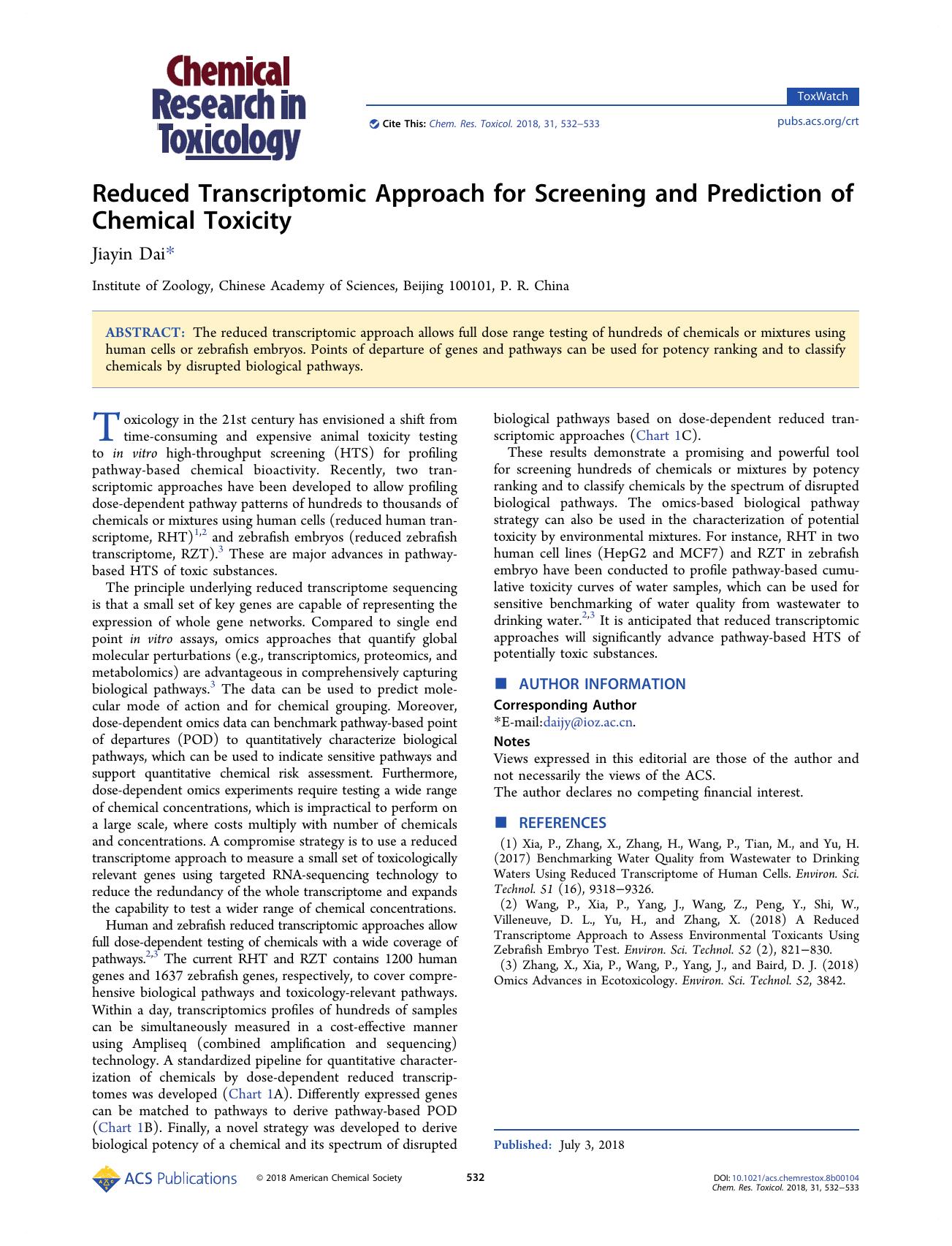 Reduced Transcriptomic Approach for Screening and Prediction of Chemical Toxicity by Jiayin Dai